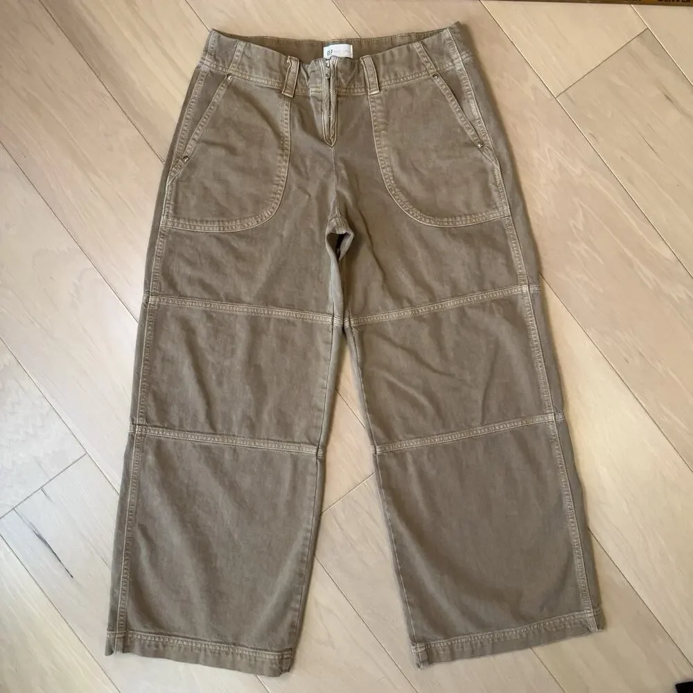 Gap Sandy Liang Low Rise Utility Pants Women's 10 Tan Brown Double Knee Baggy - Picture 2 of 11
